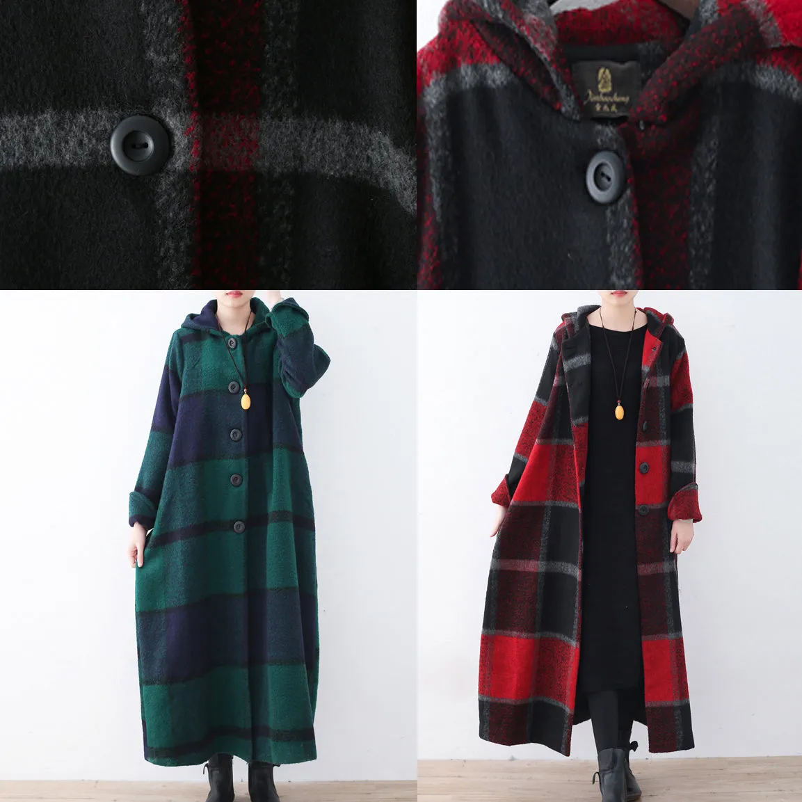 2021 green woolen coat casual trench coat plaid long coats hooded