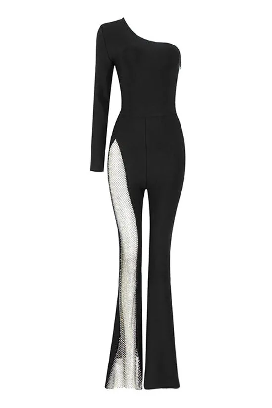 Asymmetric One Shoulder Rhinestone Sheer Mesh Hybrid Flare Leg Jumpsuit