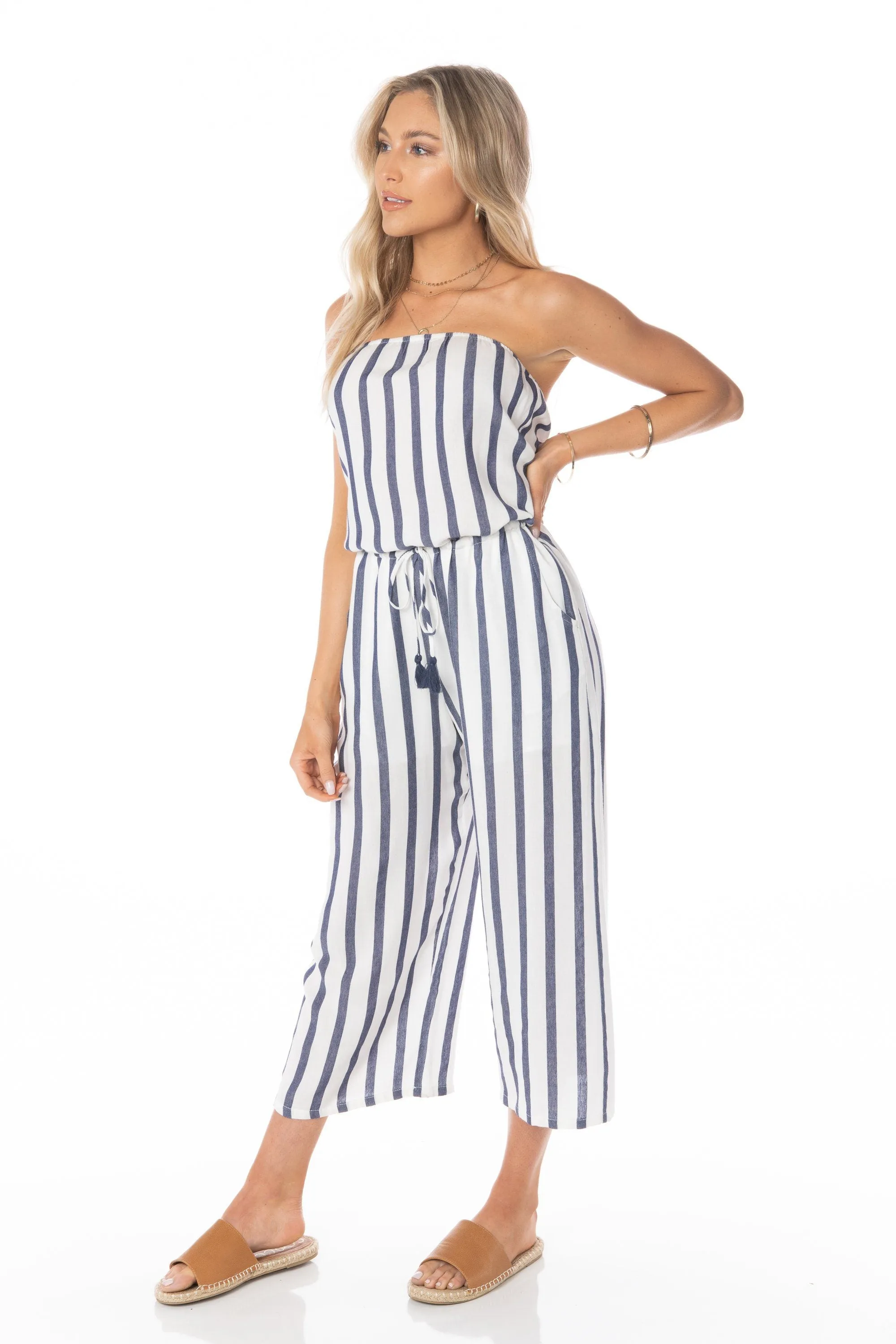 Athena Strapless White Blue Jumpsuit