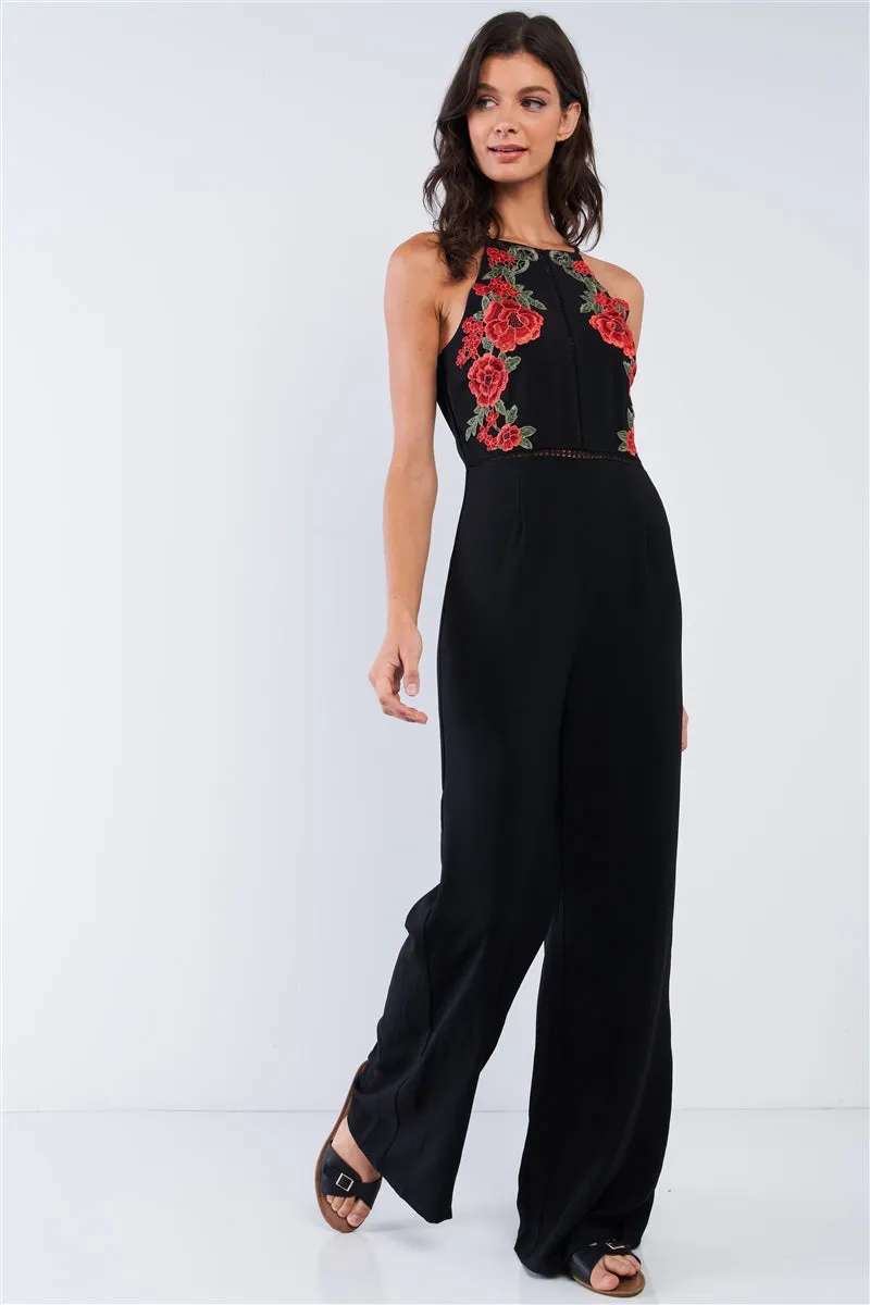 Black Sophisticated Floral Embroidered Sleeveless Wide Leg Jumpsuit