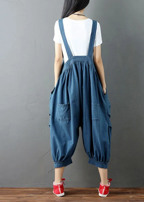 Blue Patchwork Denim Jumpsuits Pants Pockets Wrinkled Summer