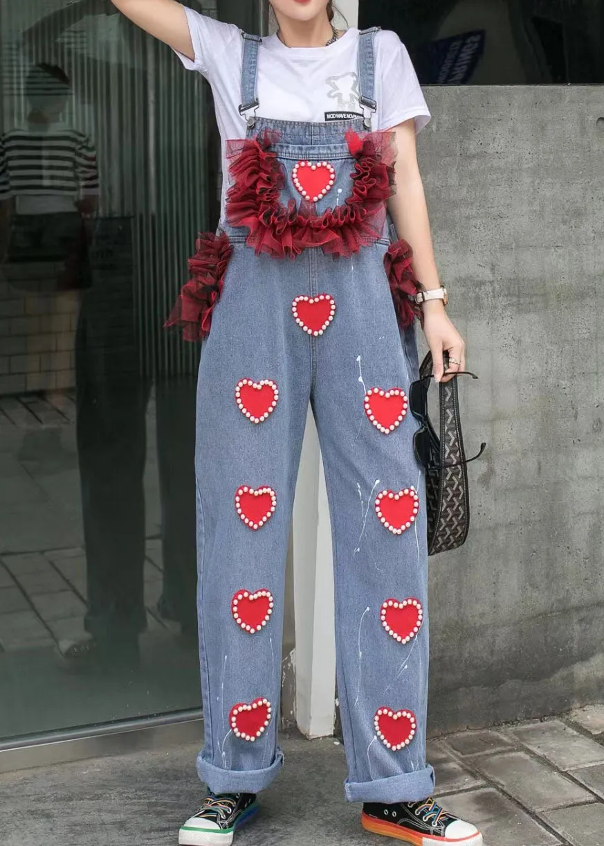 Blue Patchwork Spaghetti Strap Denim Jumpsuits Tulle Ruffled Heart Nail Bead