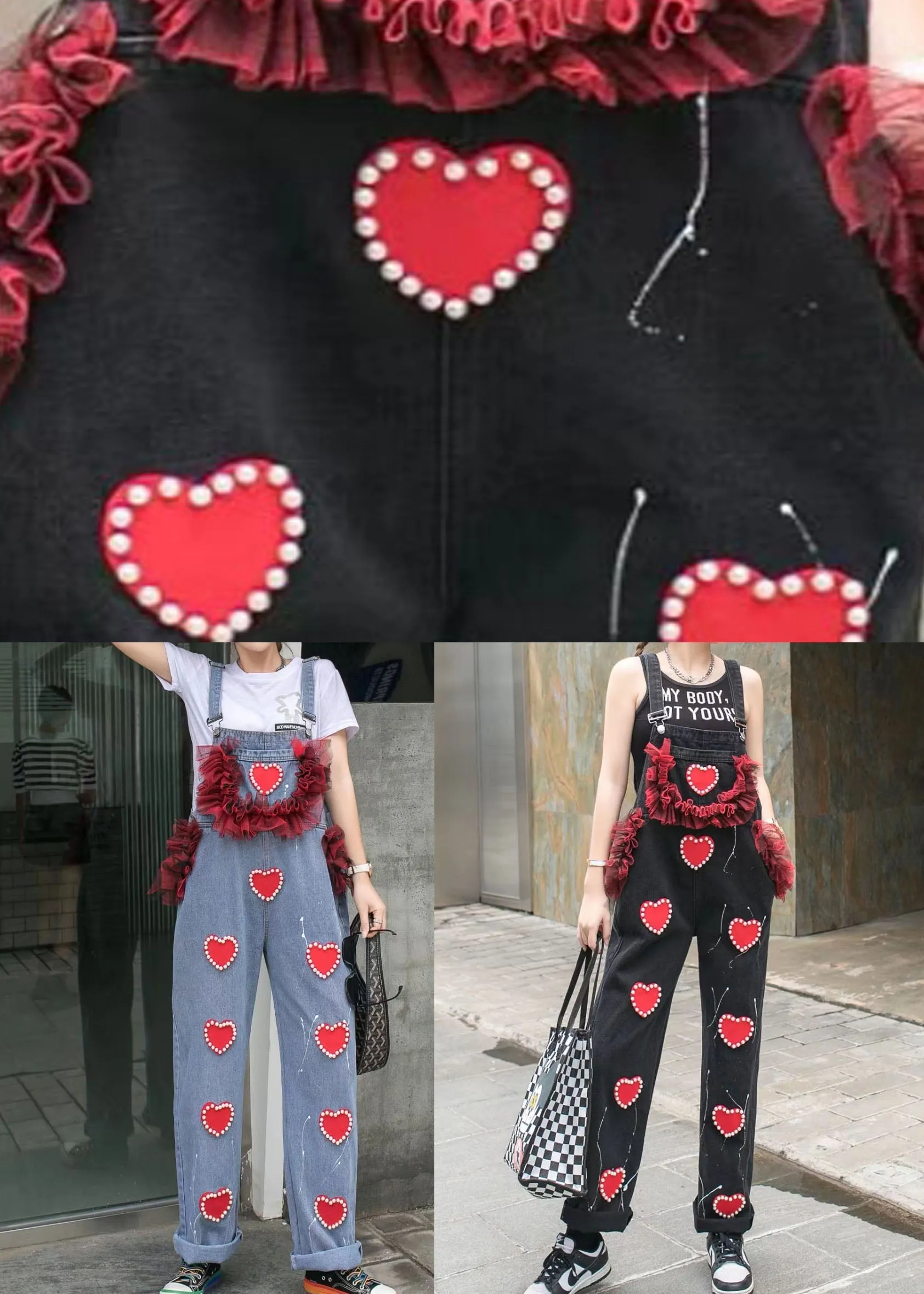 Blue Patchwork Spaghetti Strap Denim Jumpsuits Tulle Ruffled Heart Nail Bead