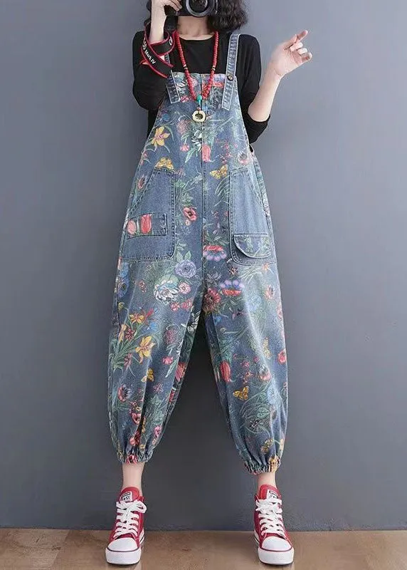 Blue Print Denim Spaghetti Strap Jumpsuits Pockets Spring