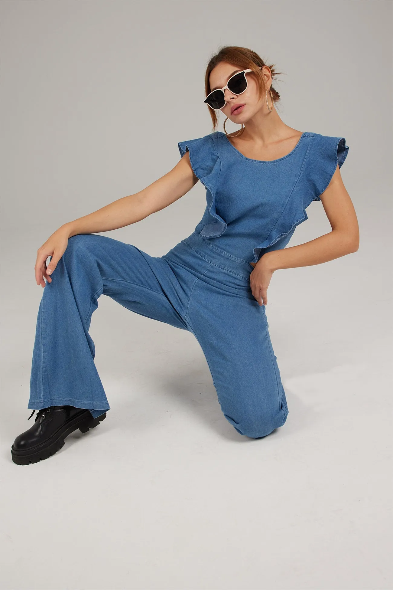 Blue Ruffled Cutout Jumpsuits