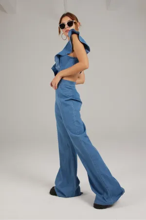 Blue Ruffled Cutout Jumpsuits