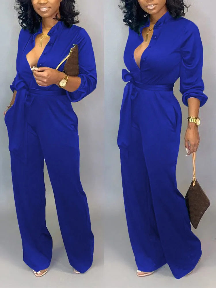 Button Belted Wide Leg Jumpsuit