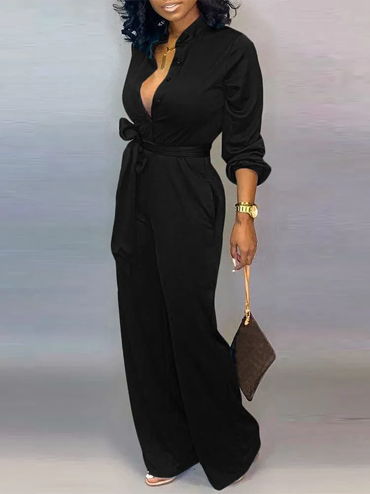 Button Belted Wide Leg Jumpsuit