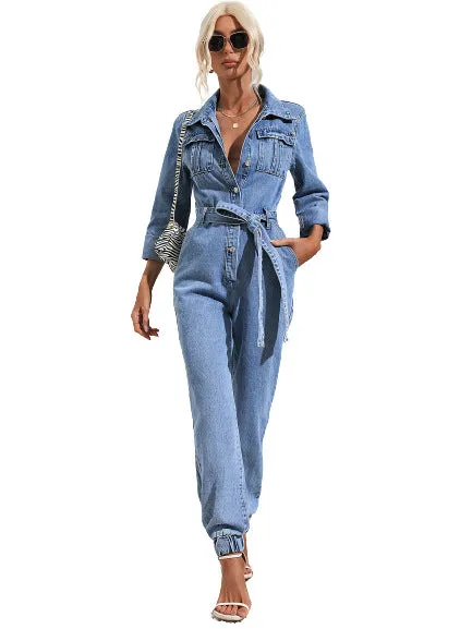 Casual slim fit denim jumpsuit