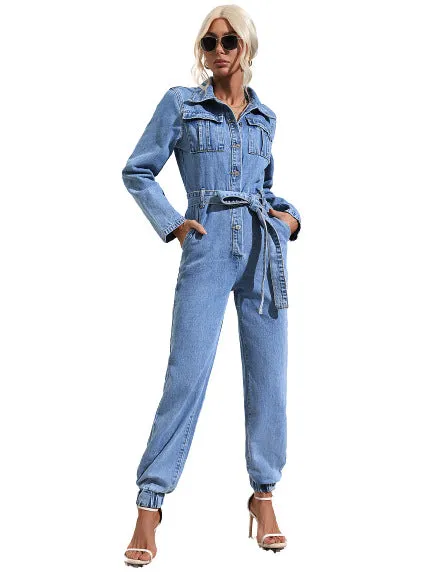 Casual slim fit denim jumpsuit