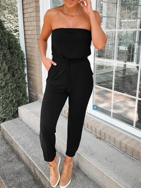 Casual Solid Strapless Pockets Jumpsuit