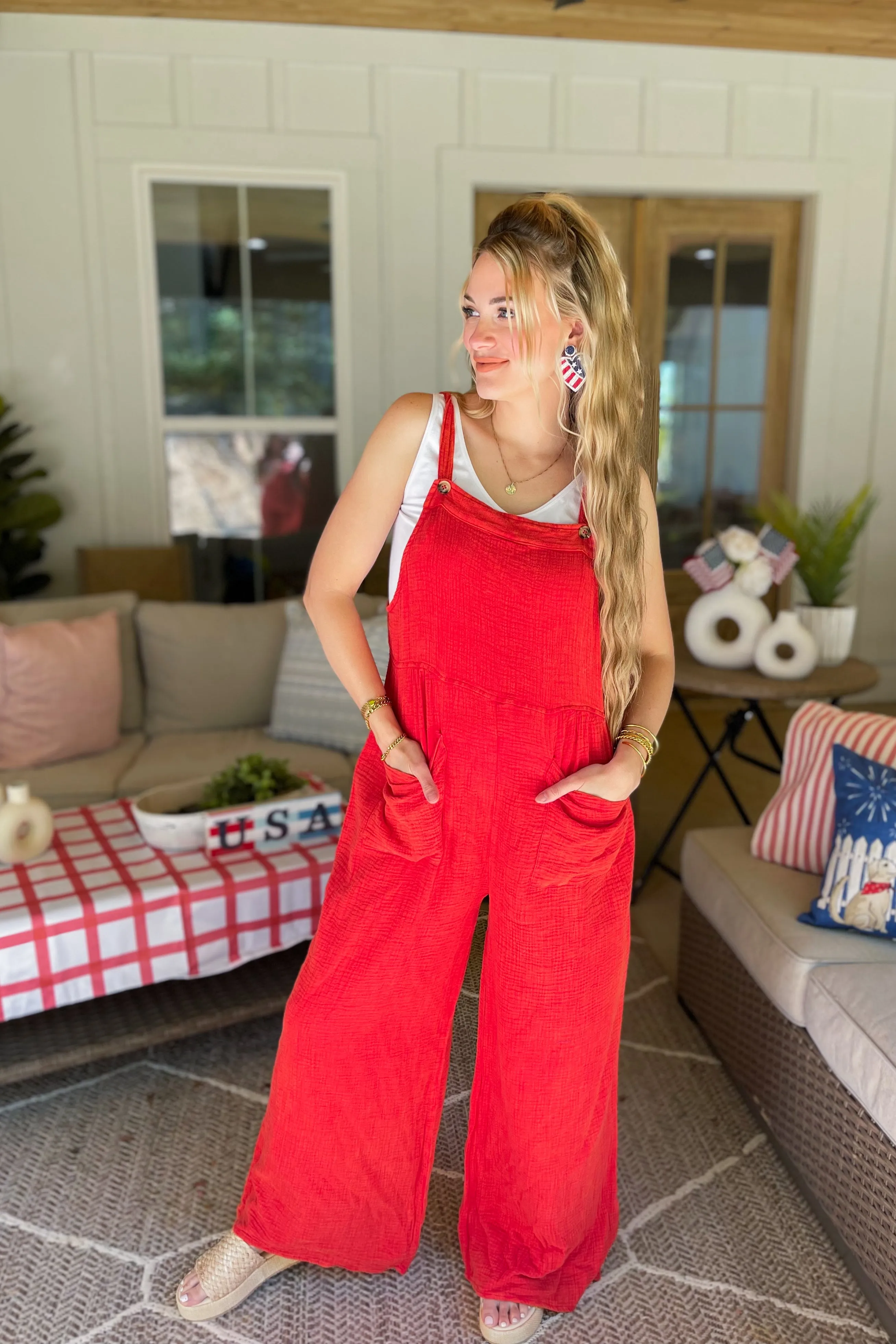 Cherry Effortless Mineral Washed Gauze Overall Bottoms *FINAL SALE*