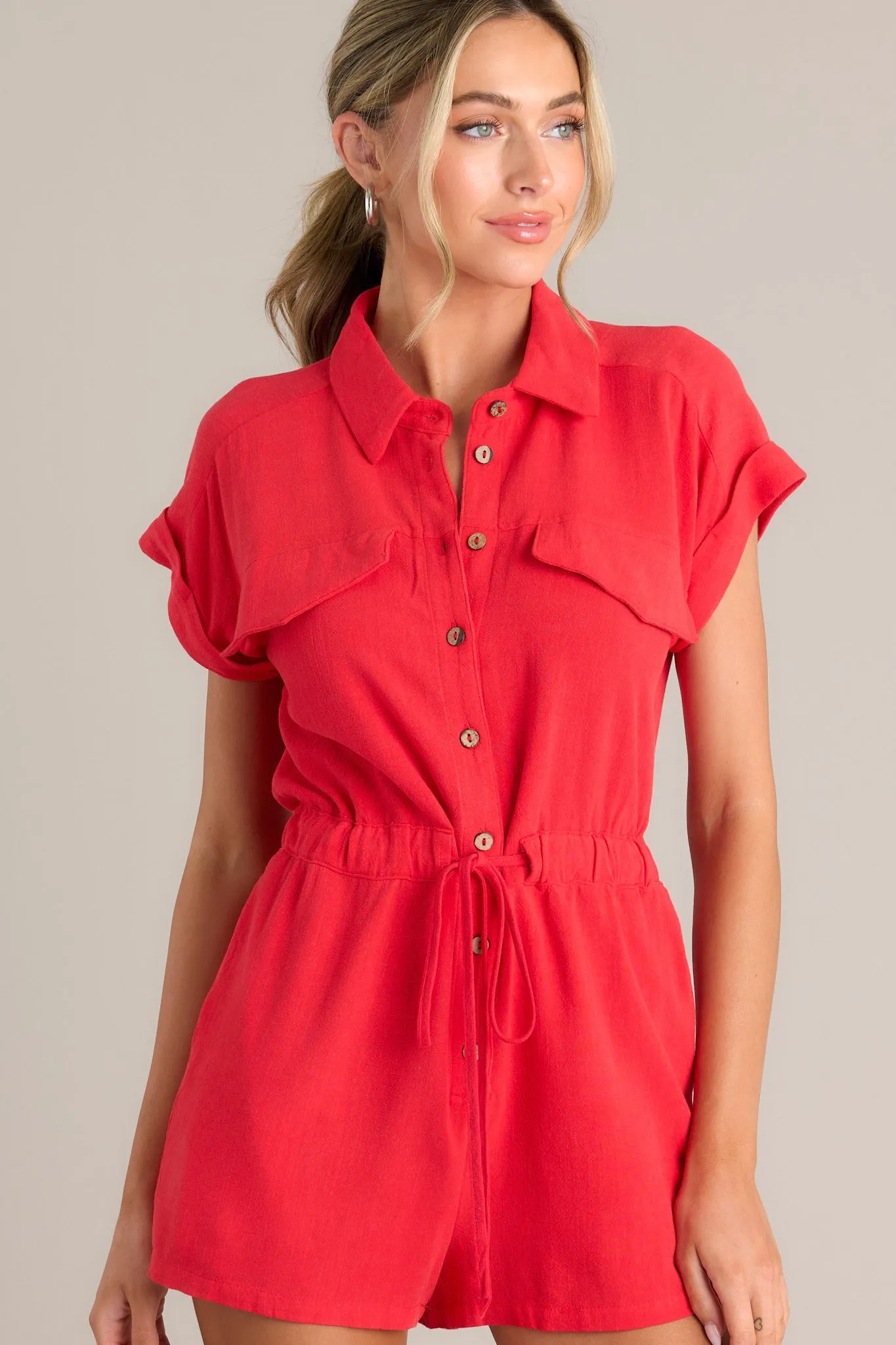 Dazzling Daybreak Red Button Front Romper