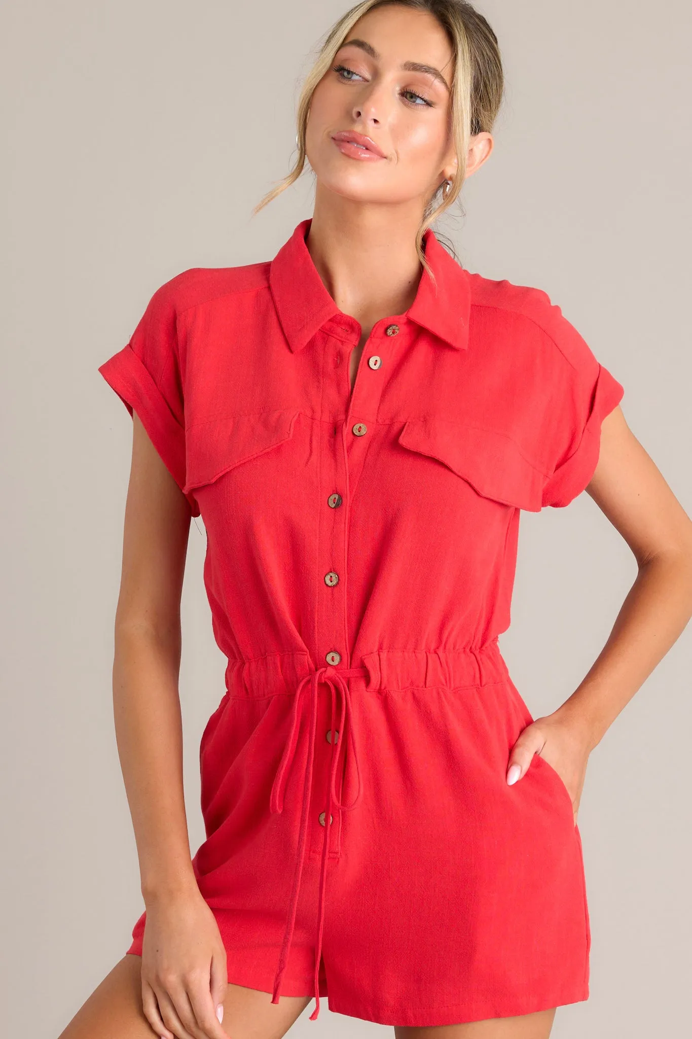 Dazzling Daybreak Red Button Front Romper