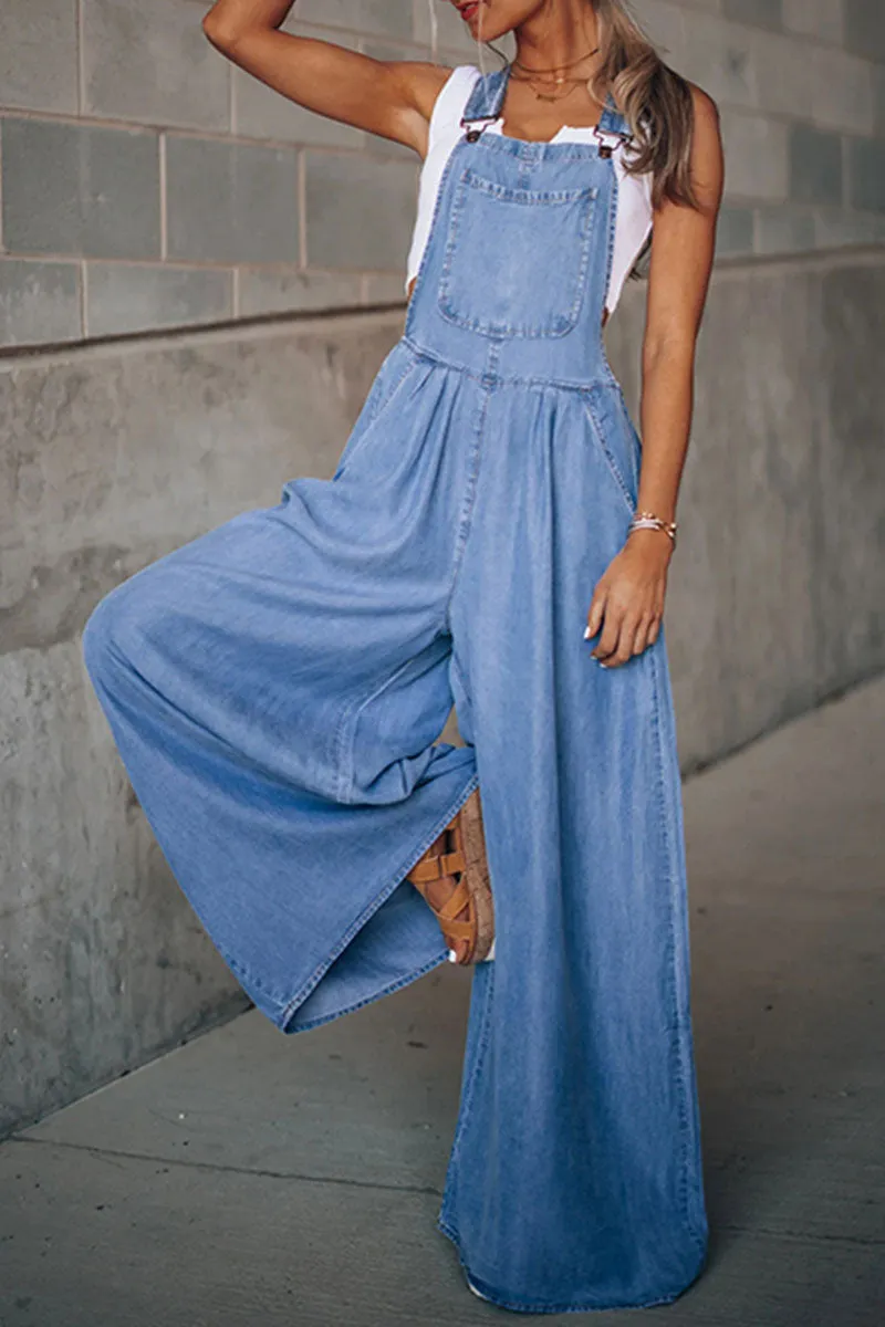 Fashion Casual Solid Pocket Spaghetti Strap Loose Jumpsuits