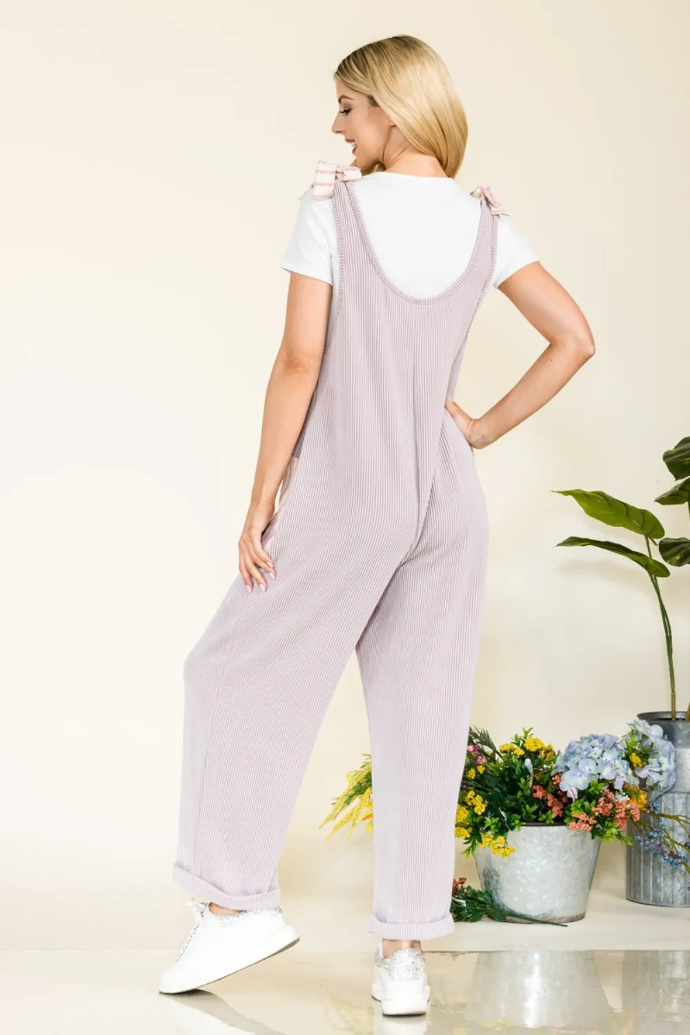 Full Size Stripe Contrast Pocket Rib Jumpsuit