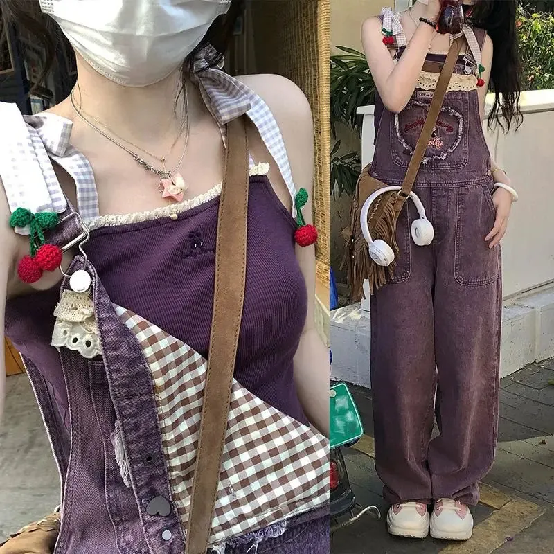 Girlary Summer Japanese Strap Pants Kawaii Denim Jumpsuits Women Purple Streetwear Sweet Loose Hight Waist Korean Vintage Jeans Female