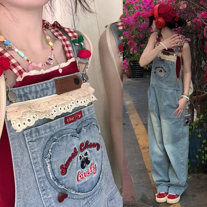 Girlary Summer Japanese Strap Pants Kawaii Denim Jumpsuits Women Purple Streetwear Sweet Loose Hight Waist Korean Vintage Jeans Female