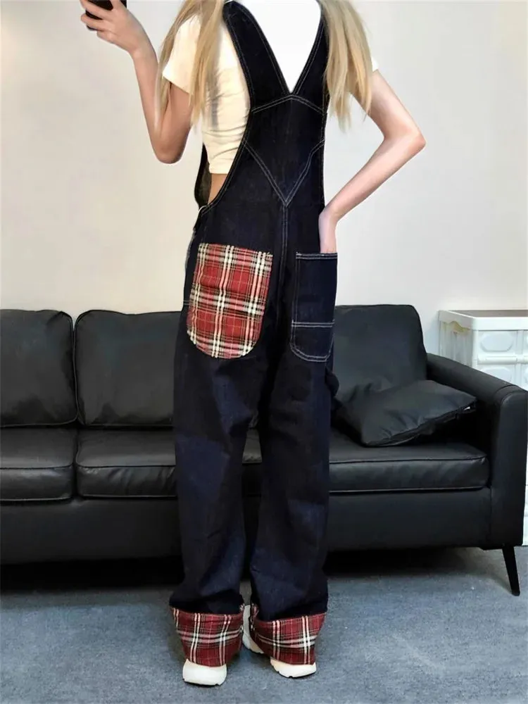 Girlary Women's Red Checkered Patchwork Design Denim Overalls Rompers Girl Suspender Jumpsuits Pant Female Jeans Streetwear Trousers