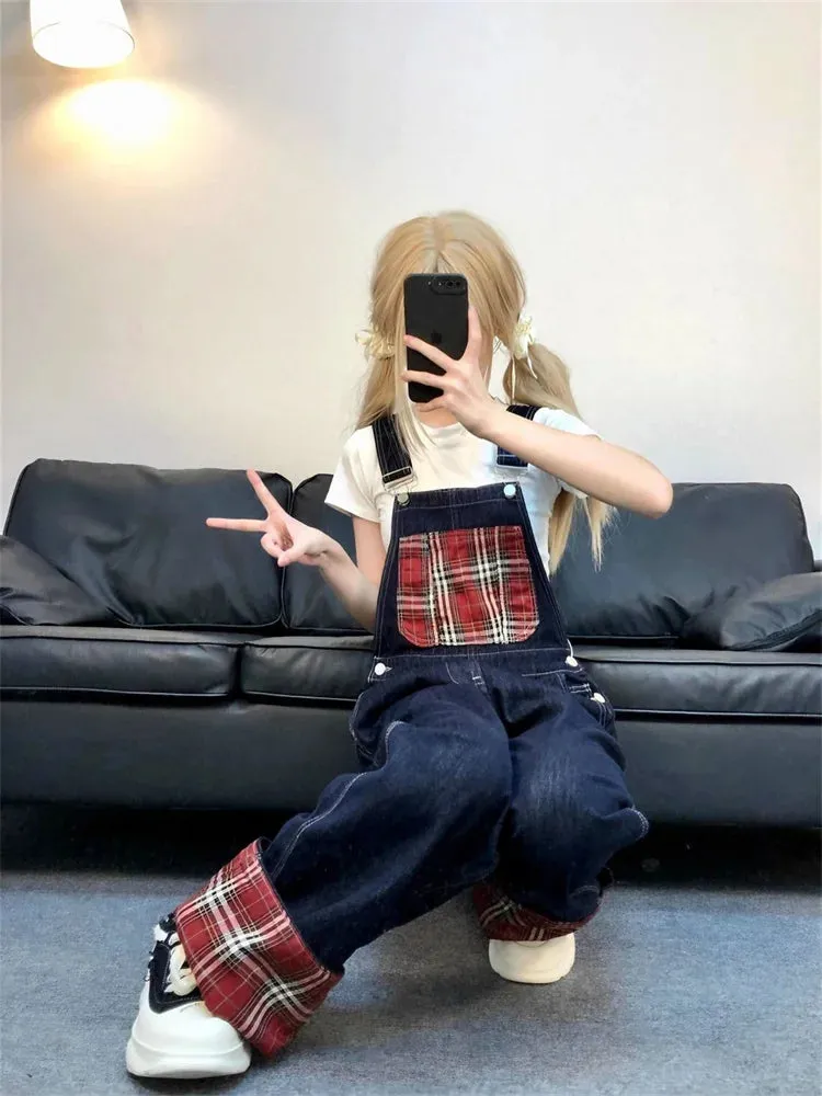 Girlary Women's Red Checkered Patchwork Design Denim Overalls Rompers Girl Suspender Jumpsuits Pant Female Jeans Streetwear Trousers