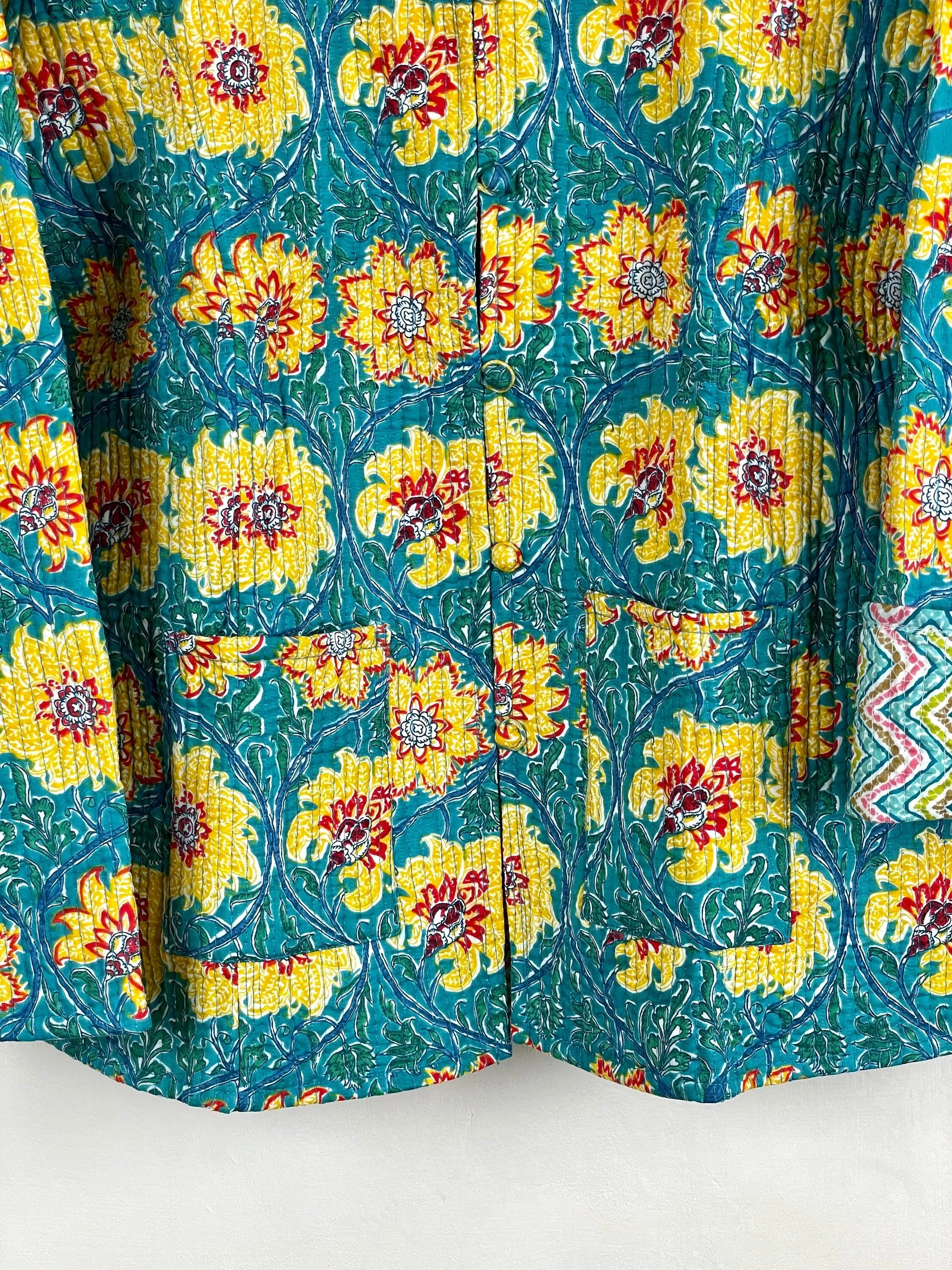 Indian Handmade Quilted Cotton Fabric Jacket Stylish Green & Yellow Floral Women's Coat, Reversible Waistcoat for Her