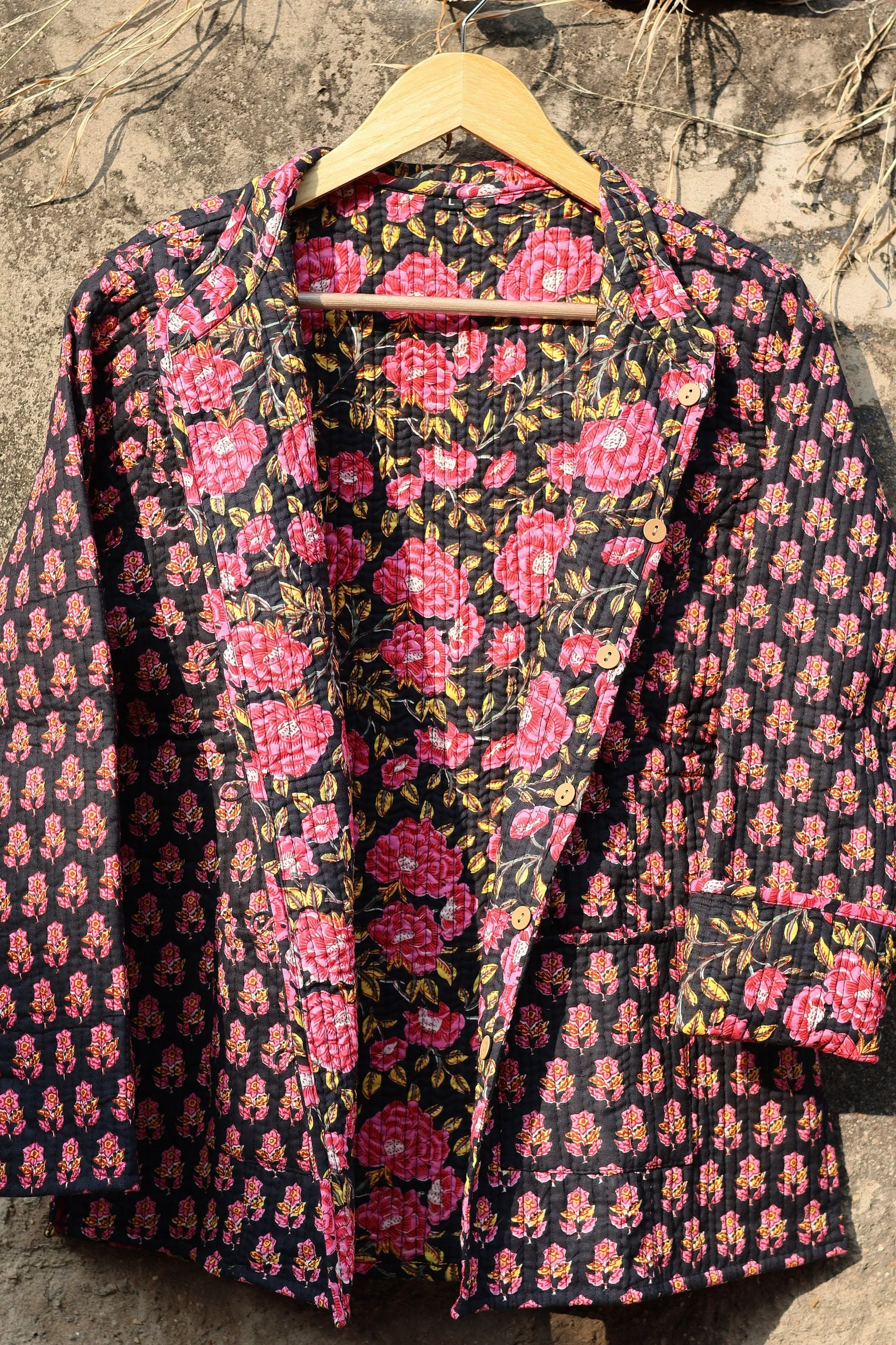 Indian Handmade Quilted Kantha Cotton Fabric Jacket Stylish Black & Pink Floral Women's Coat, Reversible Waistcoat for Her