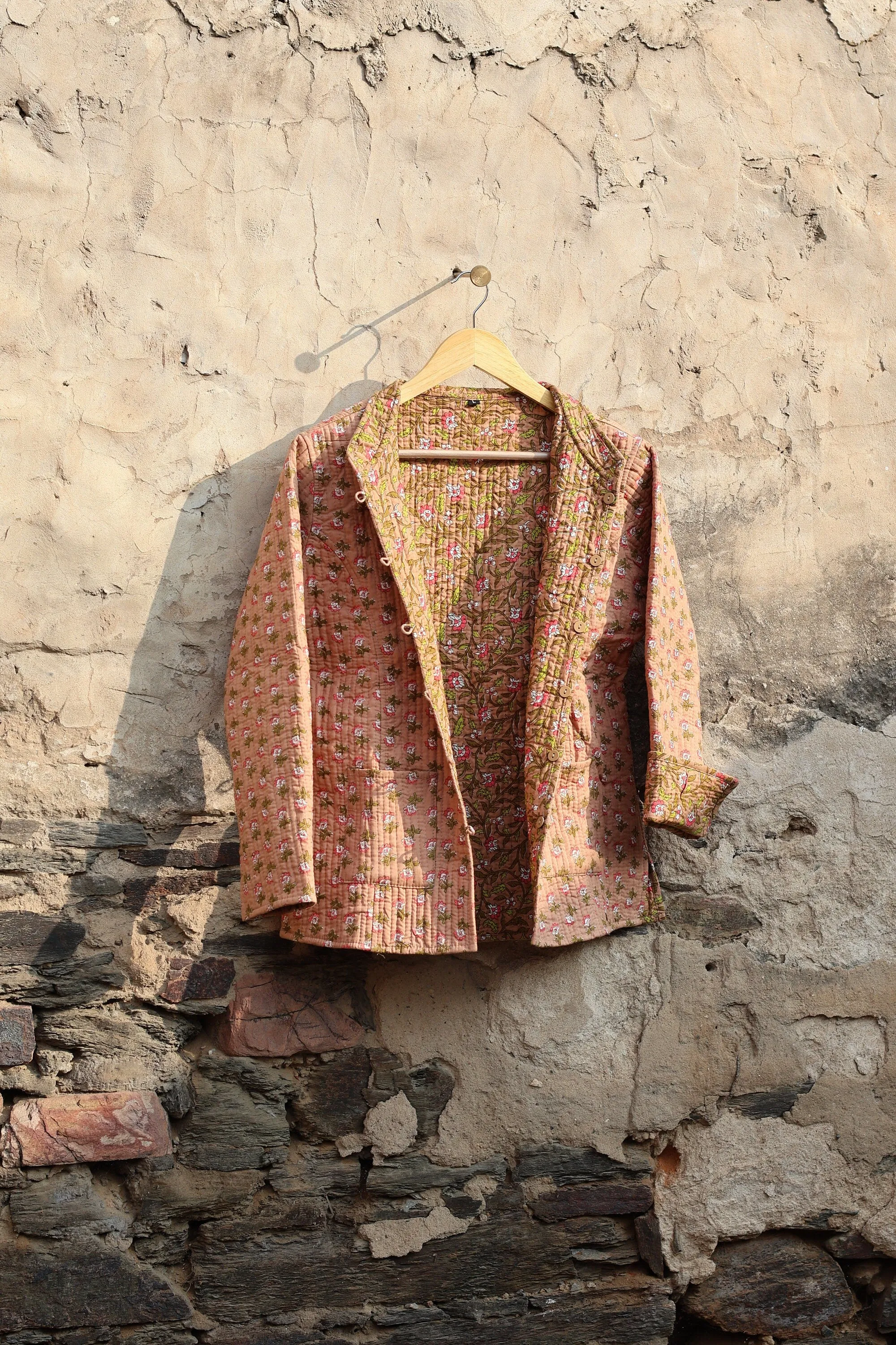 Indian Handmade Quilted Kantha Cotton Fabric Jacket Stylish Brown & Green Floral Women's Coat, Reversible Waistcoat for Her