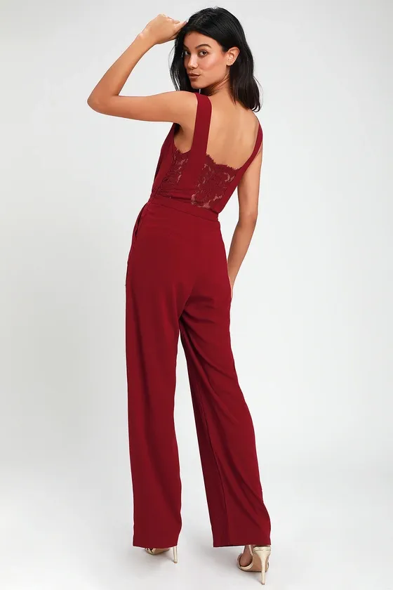 Kiska Burgundy Lace Wide-Leg Jumpsuit