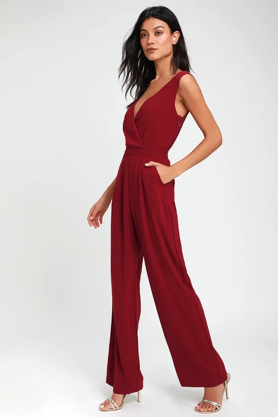 Kiska Burgundy Lace Wide-Leg Jumpsuit