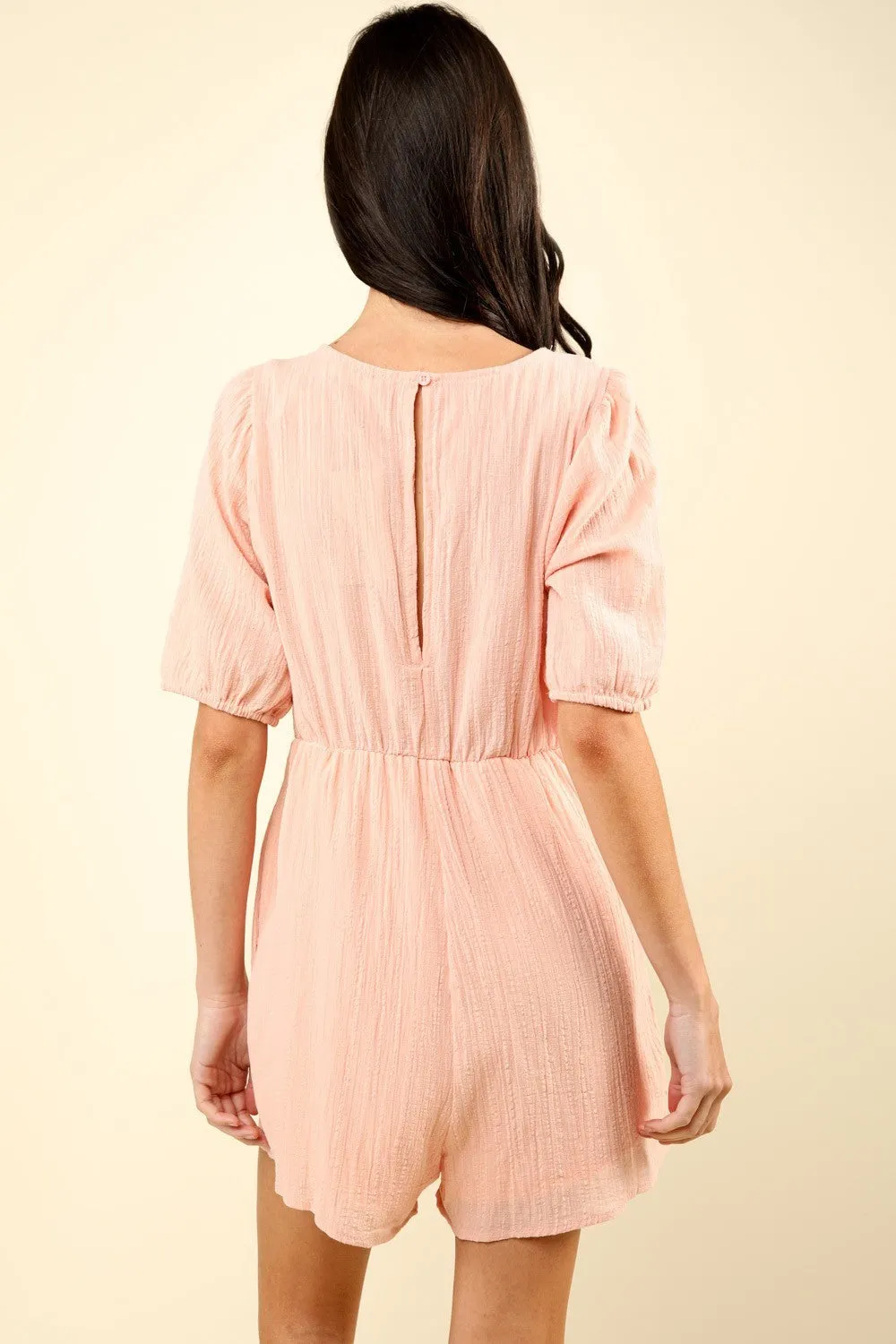 Lace Detail Puff Sleeve Romper with Pockets - Blush