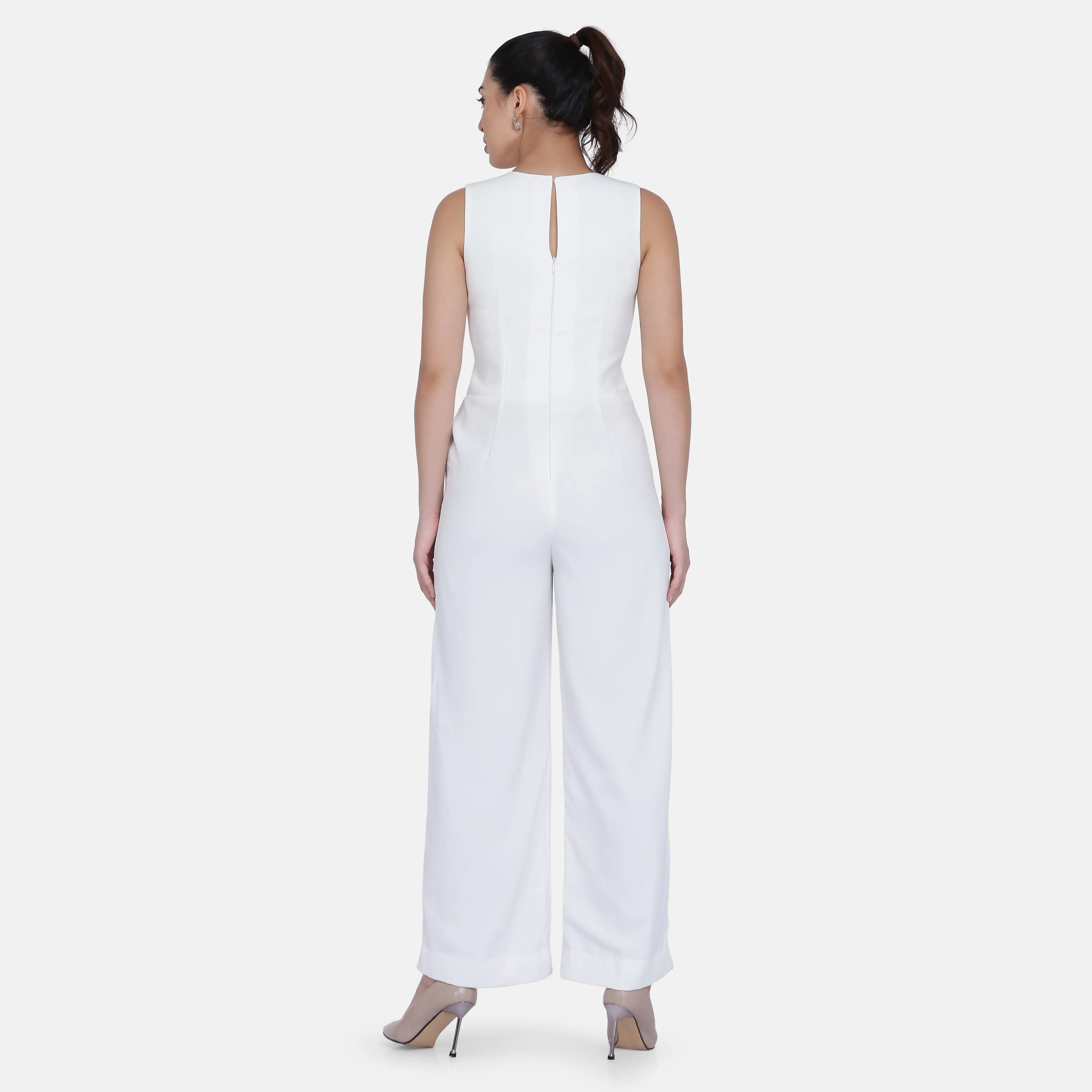 Ladies Office Poly Crepe Lined Jumpsuit - White