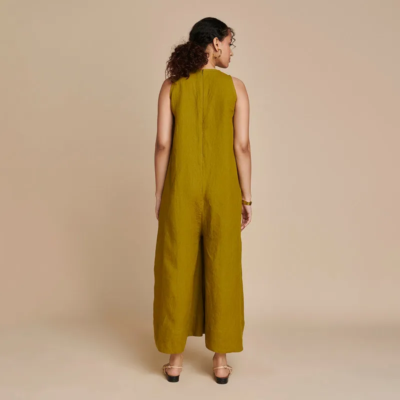 Linen Flared Jumpsuit | Sleeveless | Mehndi Green