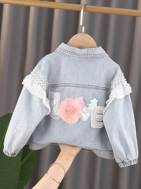 Love Flower Applique Denim Jacket