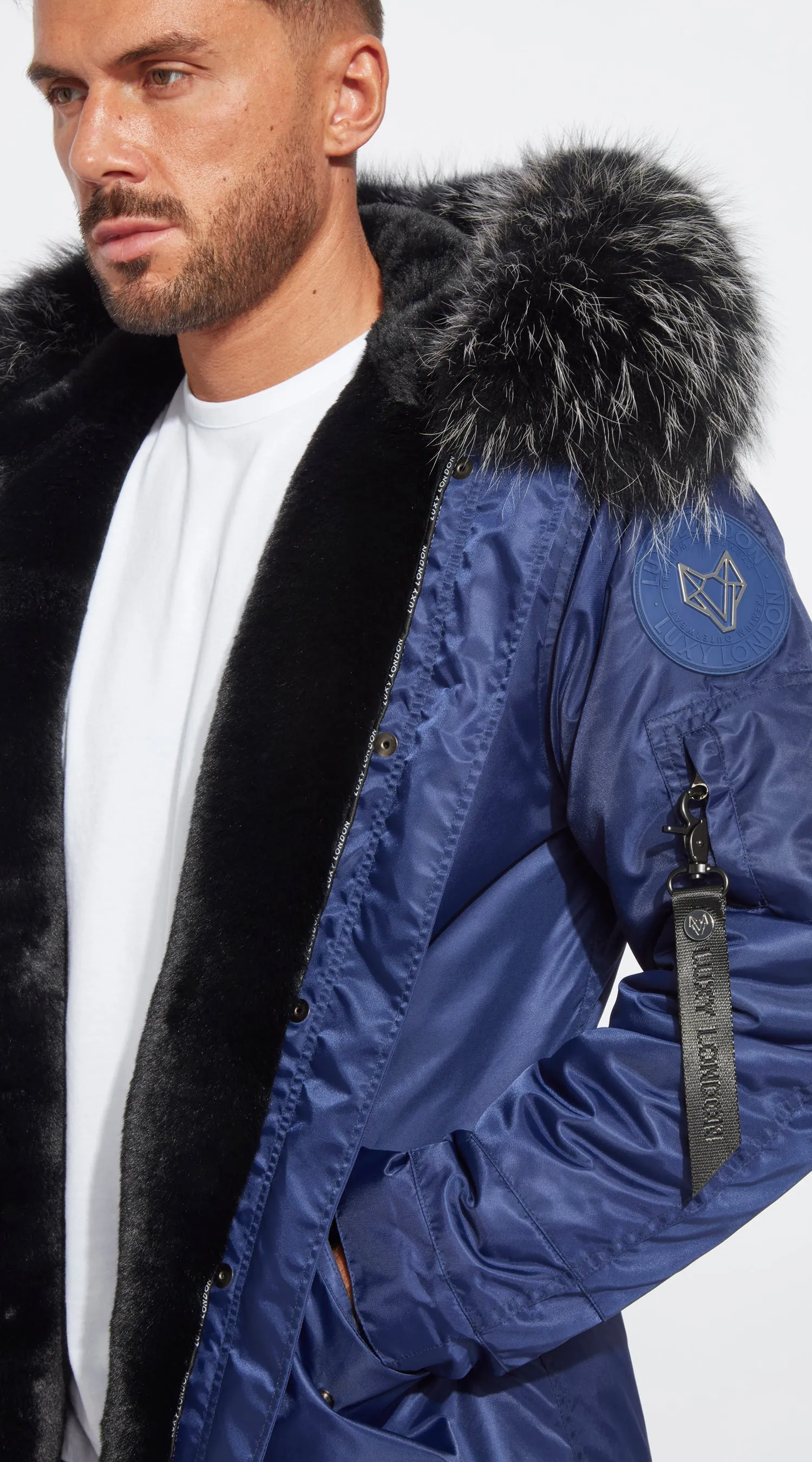 Mens Navy Water-Repellent Luxy Fur Parka - 3/4 Black Mist