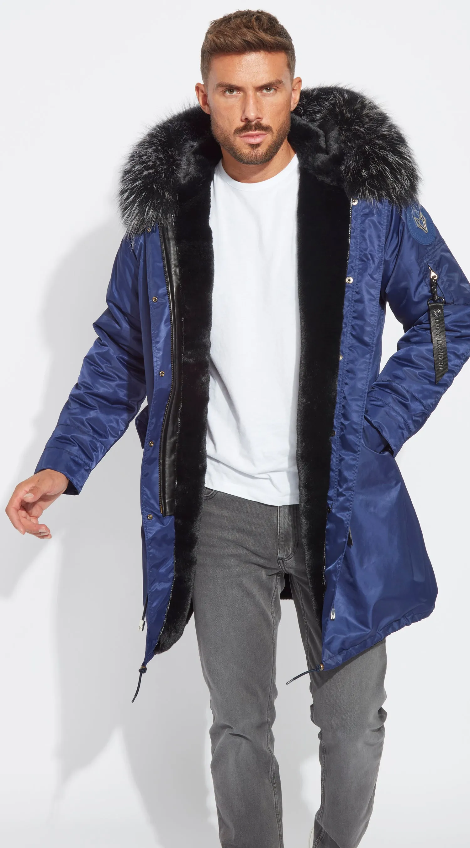 Mens Navy Water-Repellent Luxy Fur Parka - 3/4 Black Mist