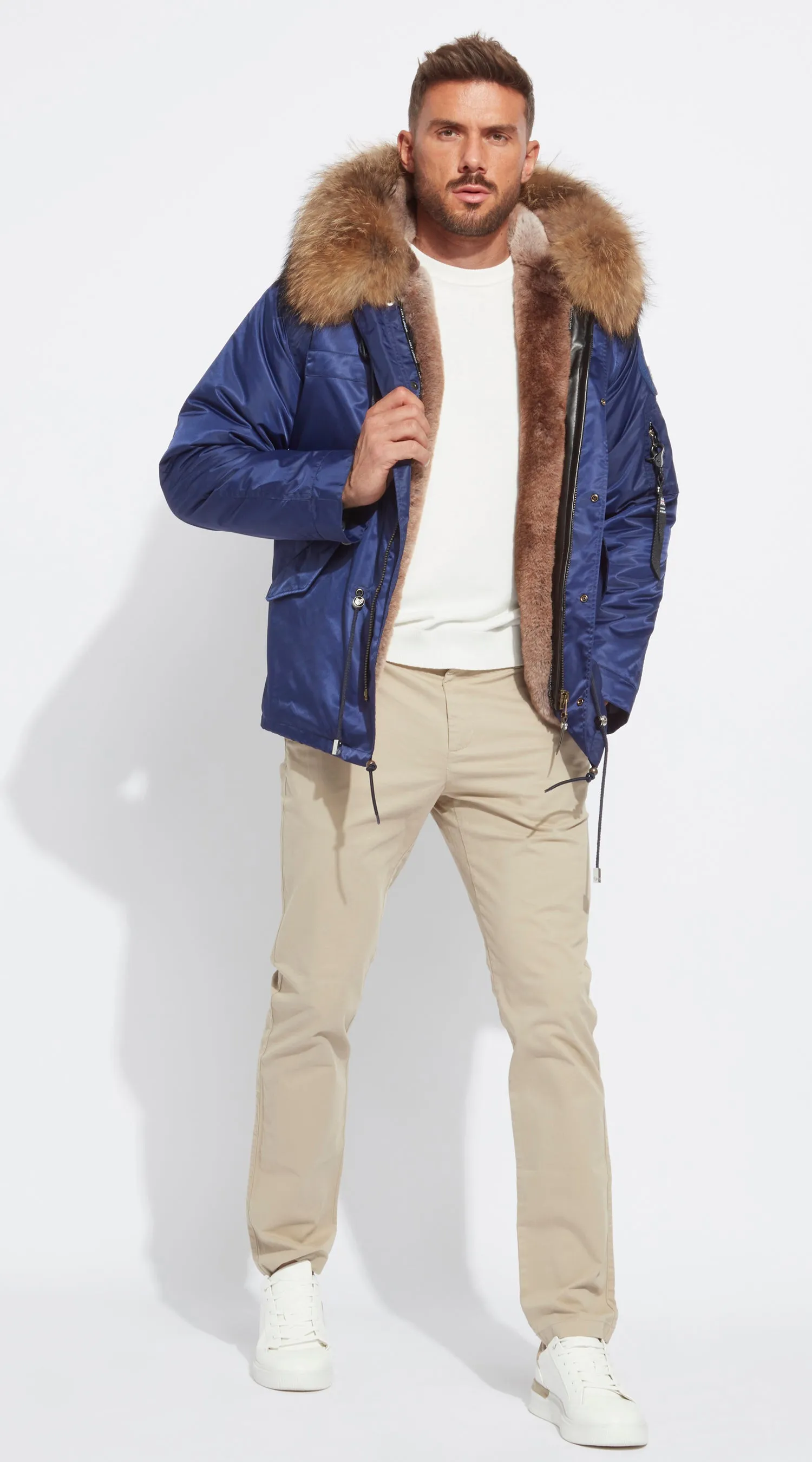 Mens Navy Water-Repellent Luxy Fur Parka - Natural