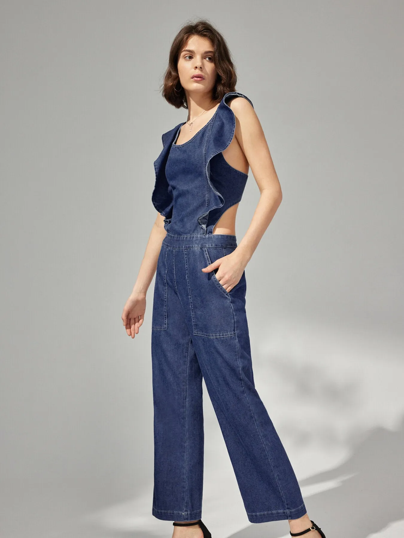 Ruffle Pocket Lace Up Wide Leg Denim Jumpsuit