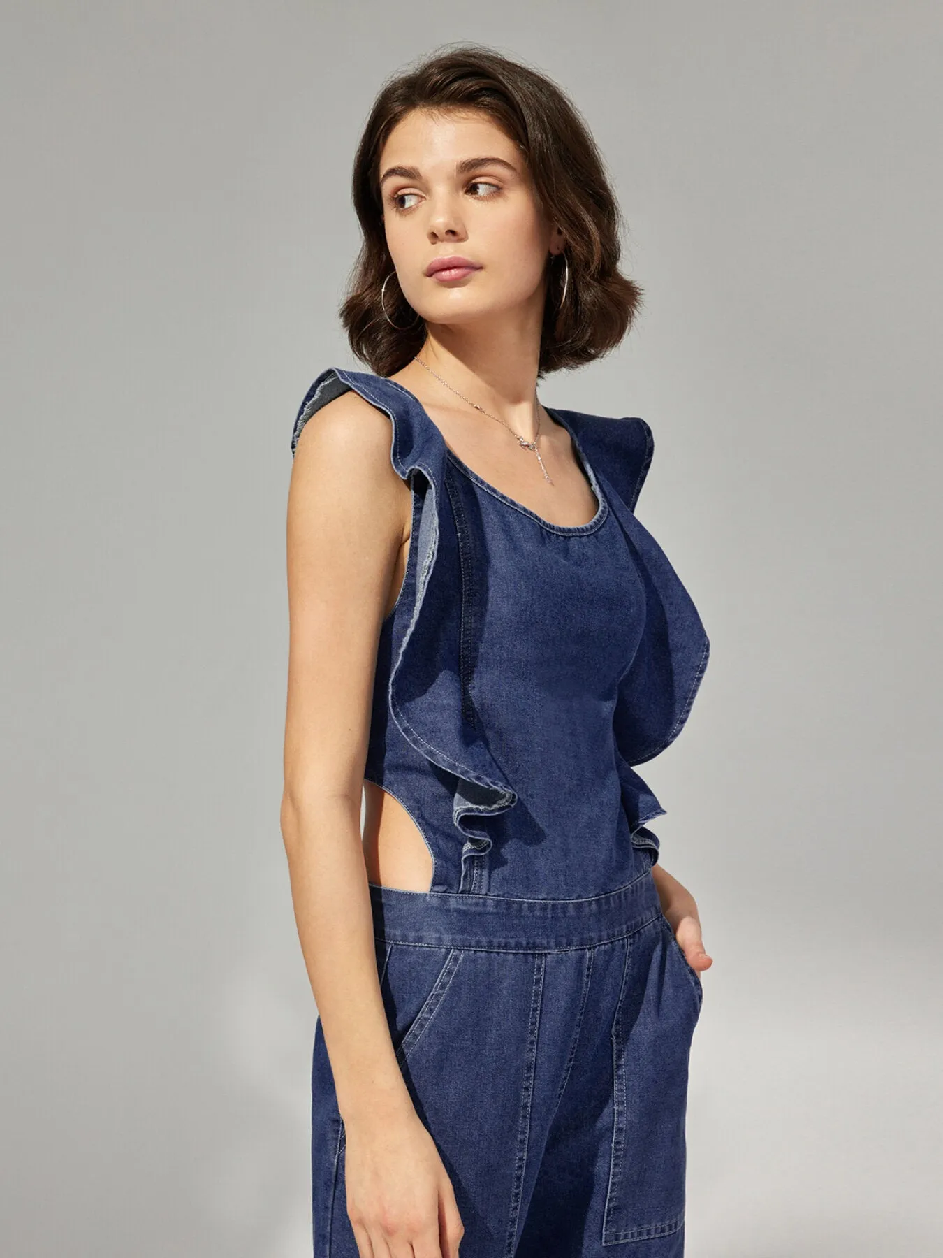 Ruffle Pocket Lace Up Wide Leg Denim Jumpsuit