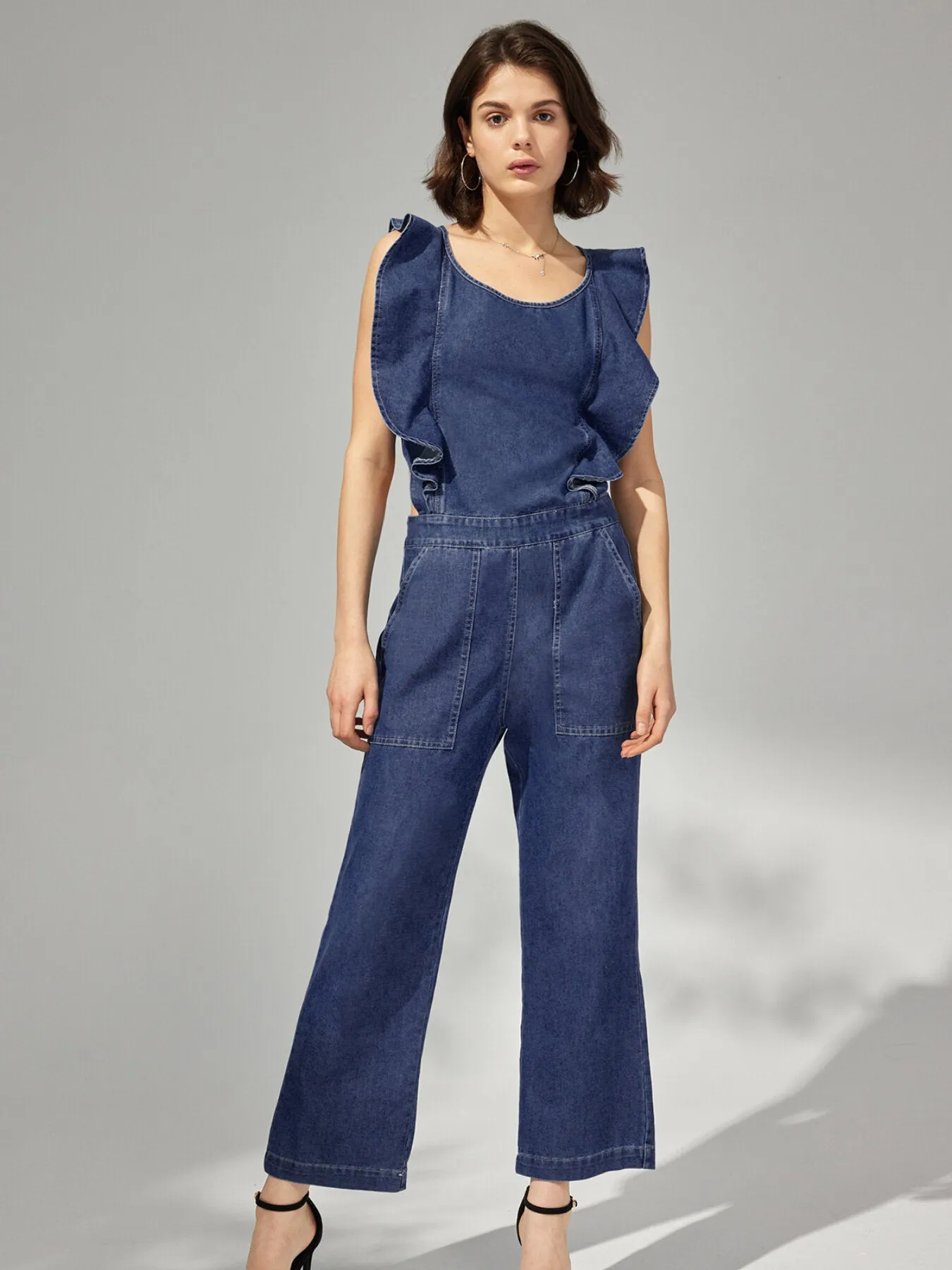 Ruffle Pocket Lace Up Wide Leg Denim Jumpsuit