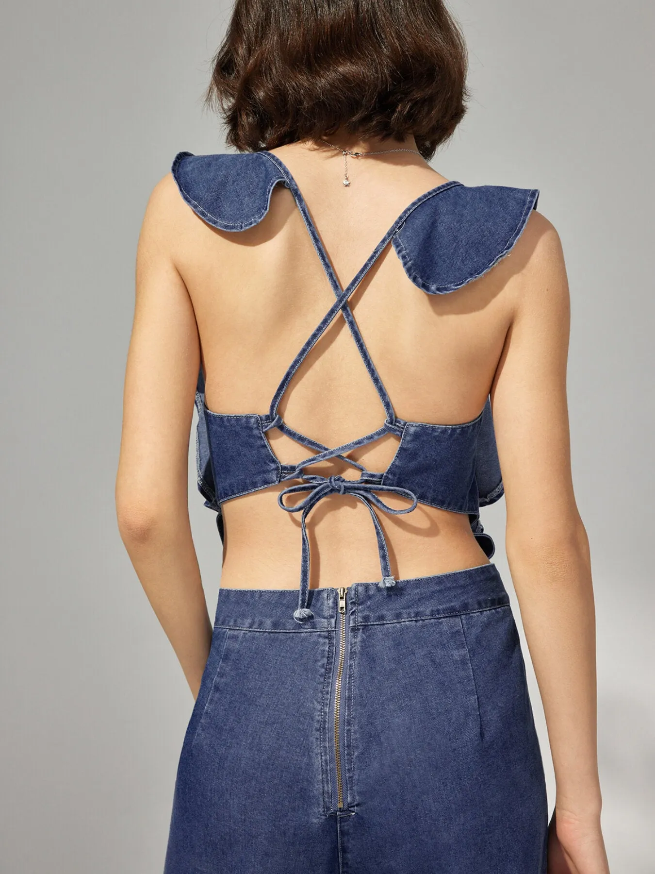 Ruffle Pocket Lace Up Wide Leg Denim Jumpsuit