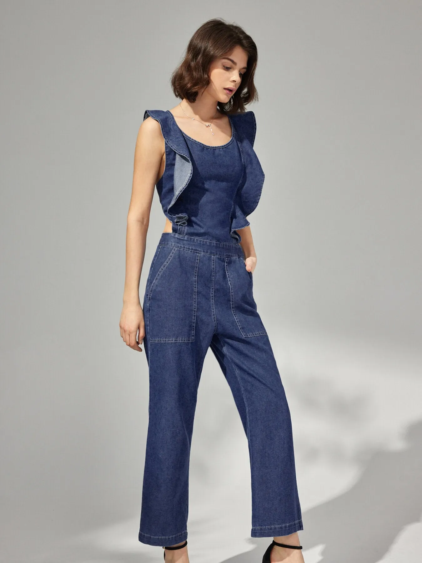 Ruffle Pocket Lace Up Wide Leg Denim Jumpsuit