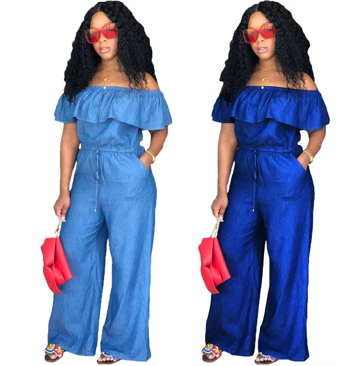 Ruffled Off Shoulder Flare Bottom Denim Jumpsuits