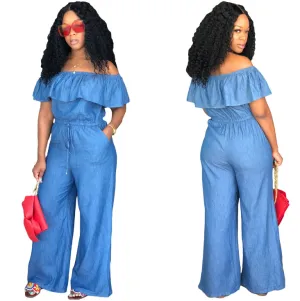 Ruffled Off Shoulder Flare Bottom Denim Jumpsuits