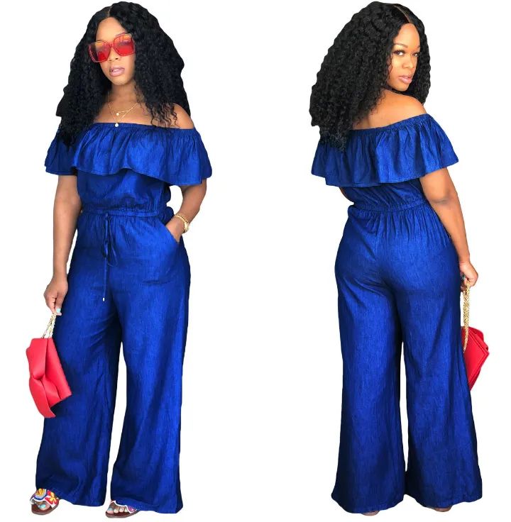 Ruffled Off Shoulder Flare Bottom Denim Jumpsuits