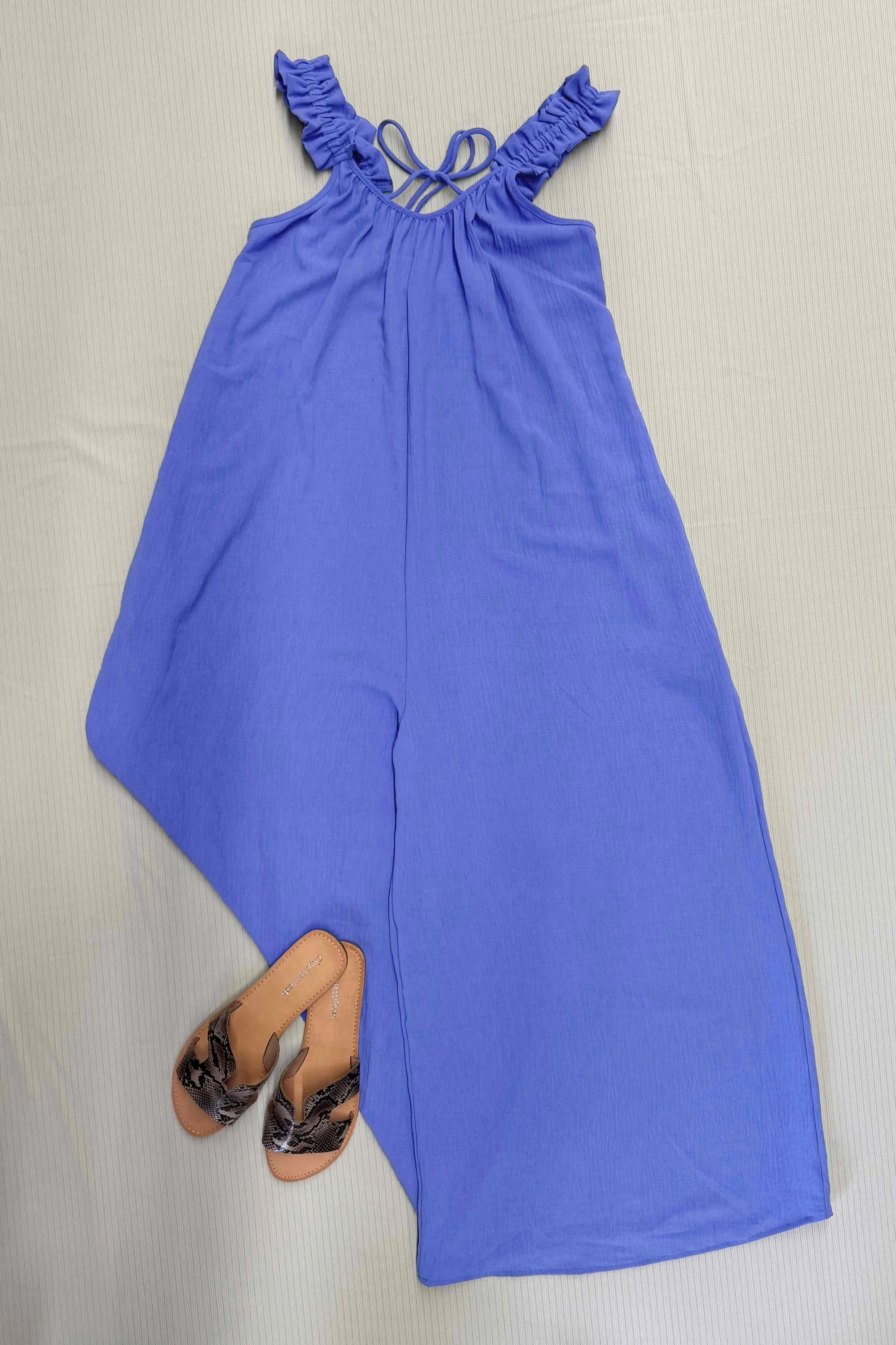 Ruffled Shoulder Strap Wide Leg Jumpsuit- Periwinkle