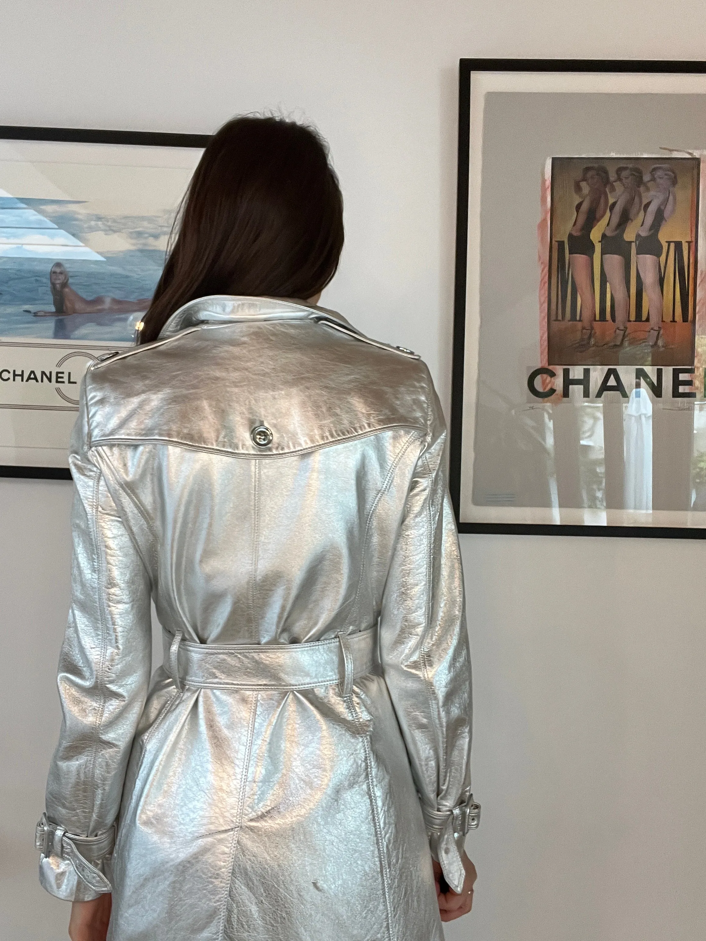 Silver Leather Trench Coat - US6