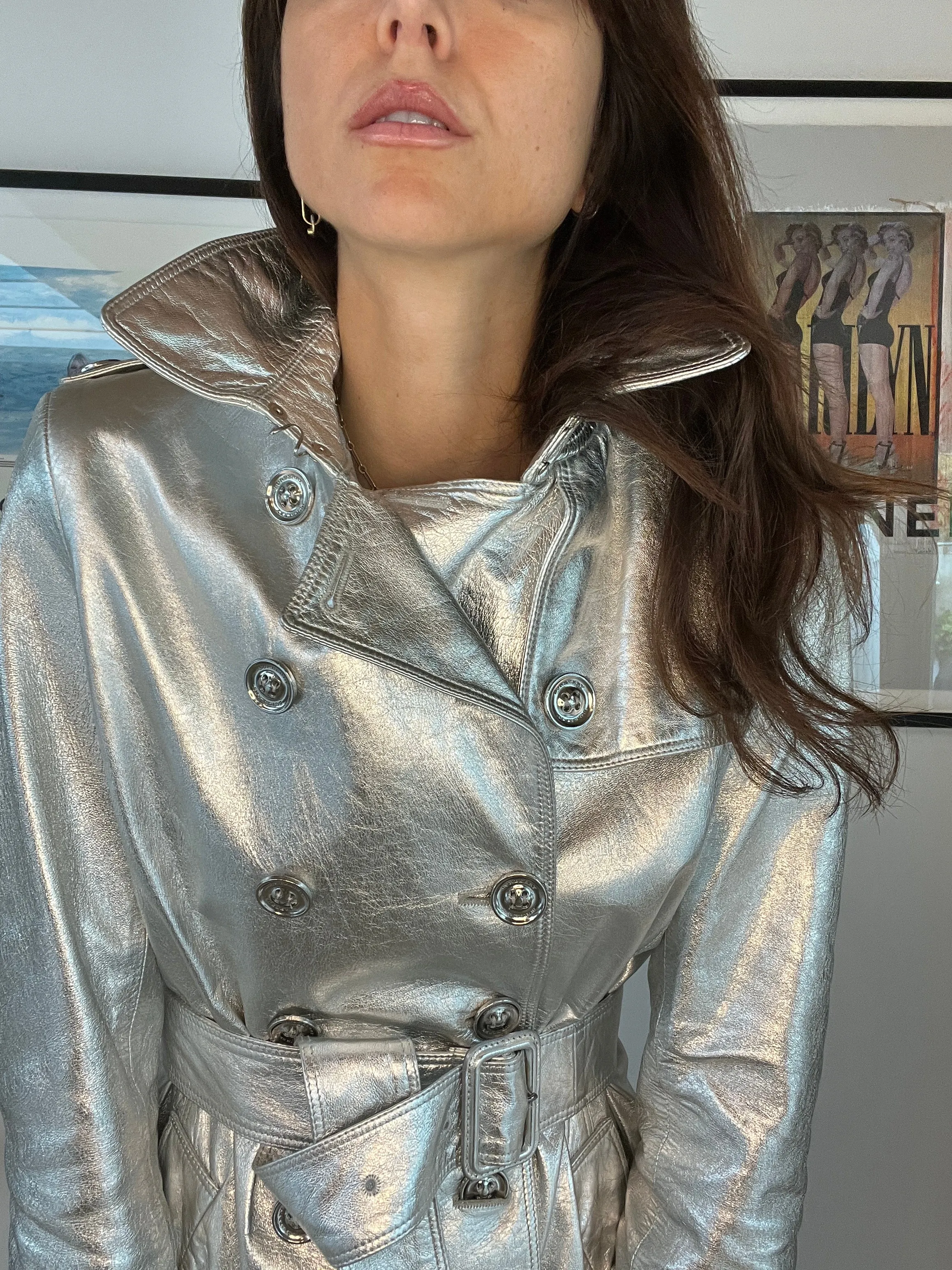 Silver Leather Trench Coat - US6