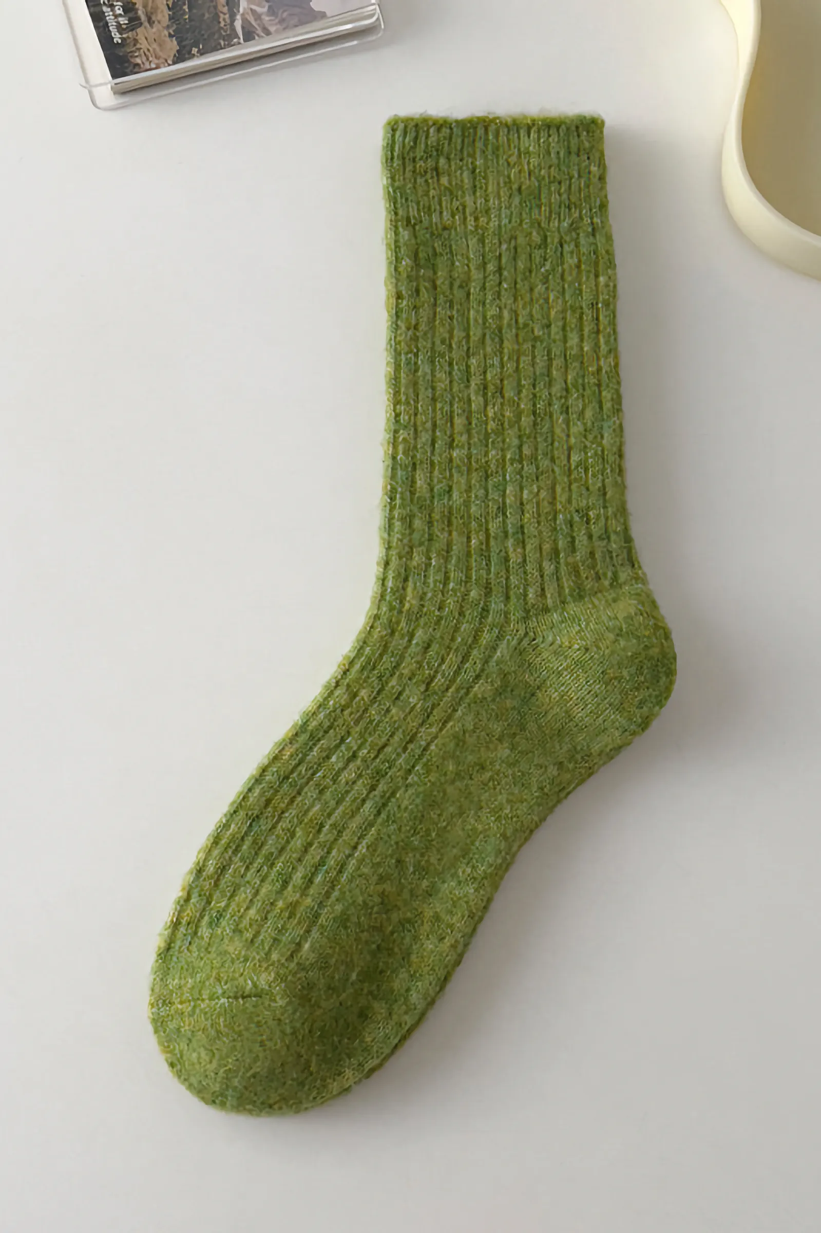 Solid Cashmere Warm Socks & Striped Wool Green Socks