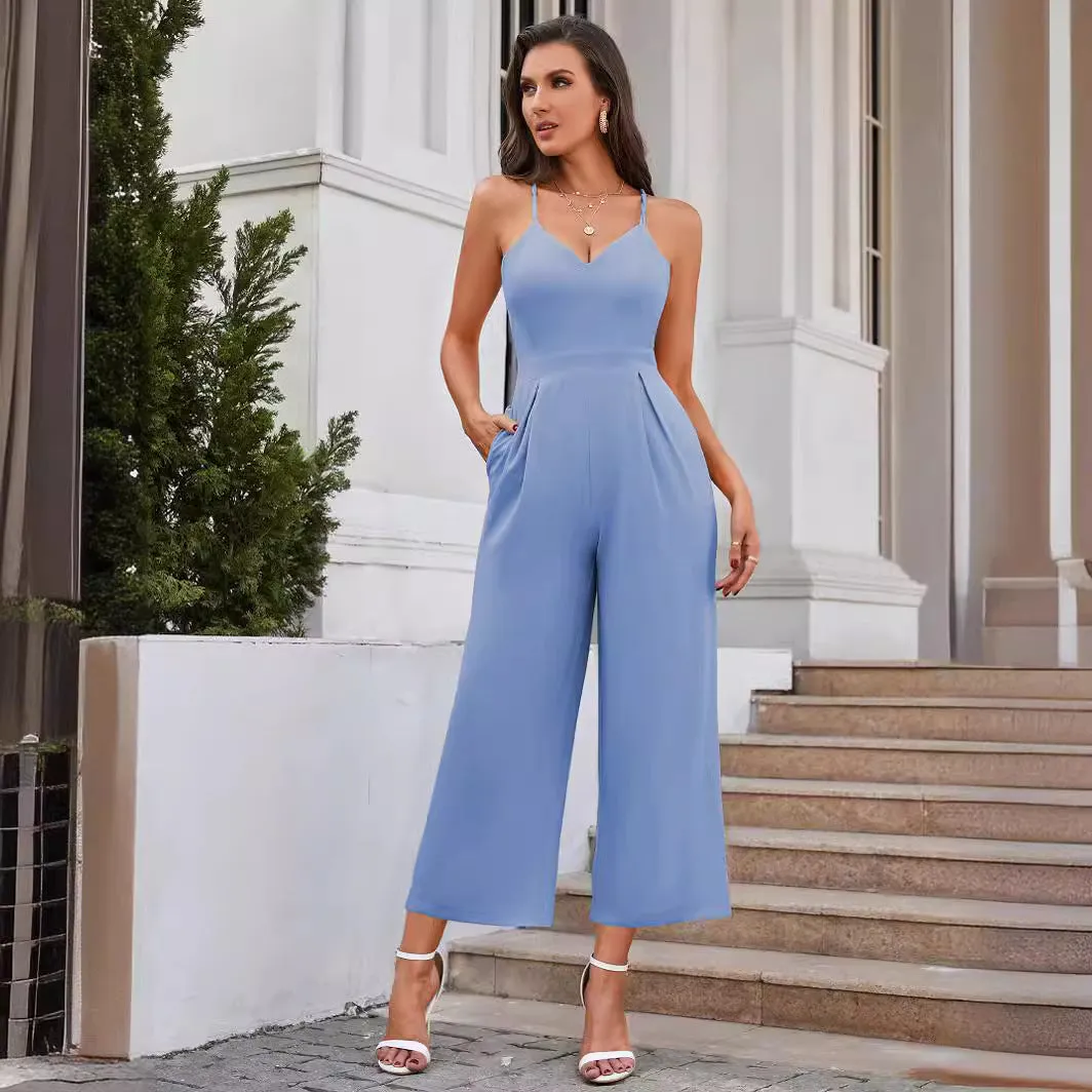 Summer Sexy Backless Wide Leg Strap Jumpsuit