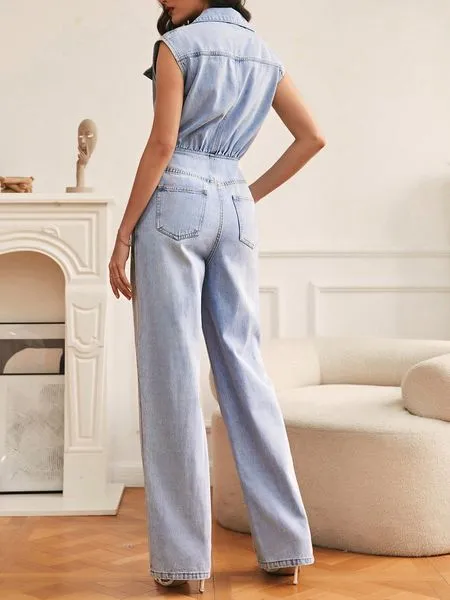 TEEK - Blue Sleeveless Button Front Slimming Jumpsuits